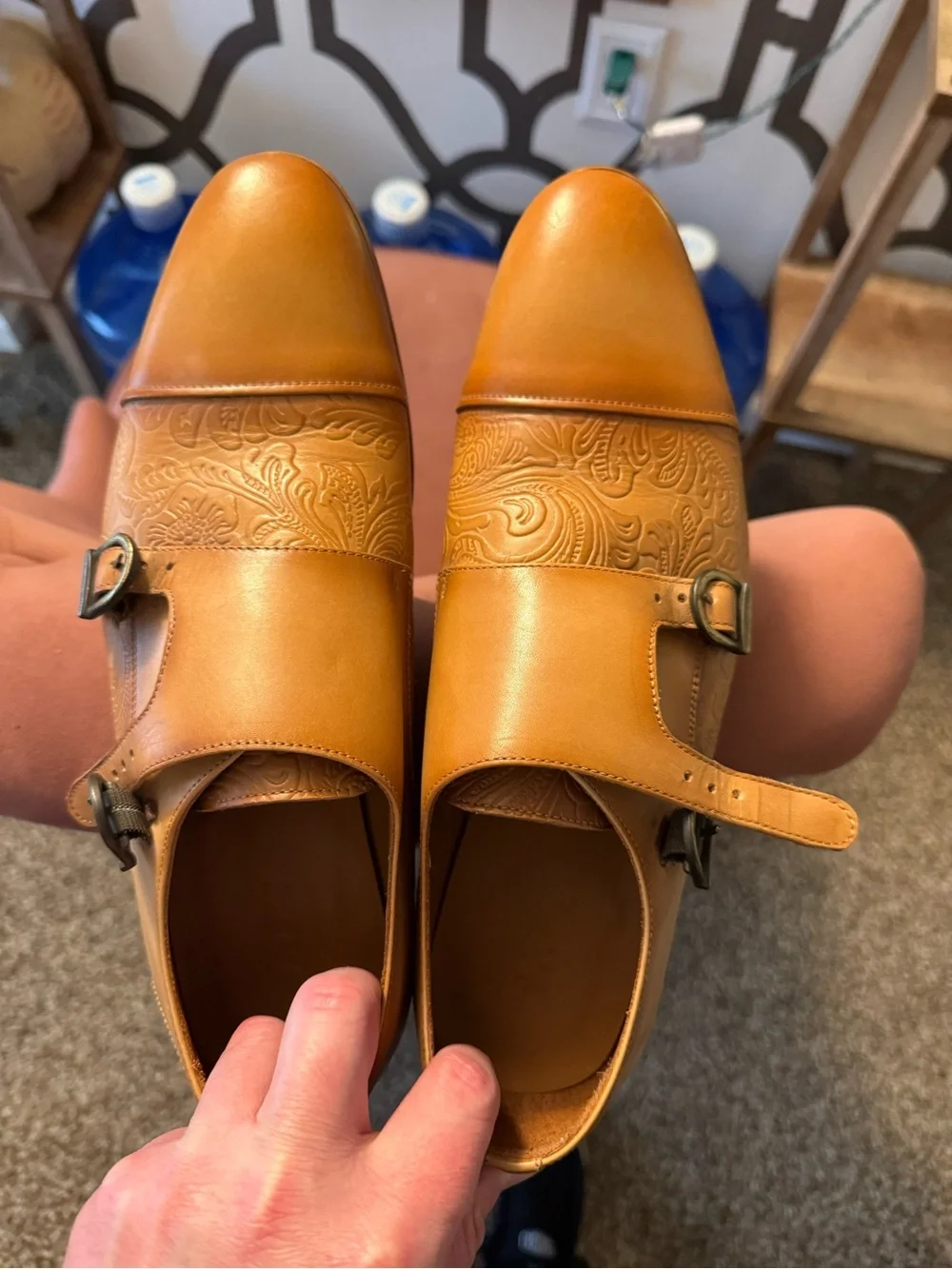 Taft Tan Leather Double Monk Strap Loafers with Embossed Detailing - Picture 1 of 5